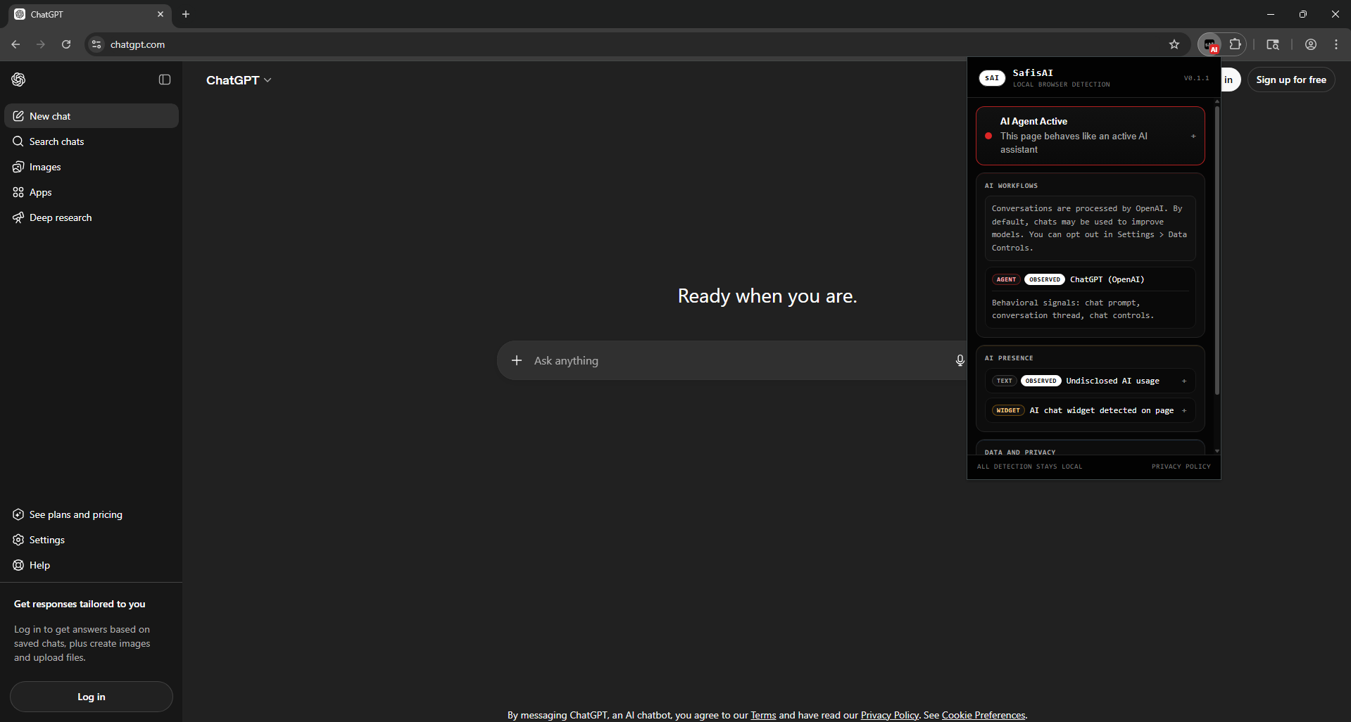 SafisAI popup showing workflow, presence, images, and privacy findings
