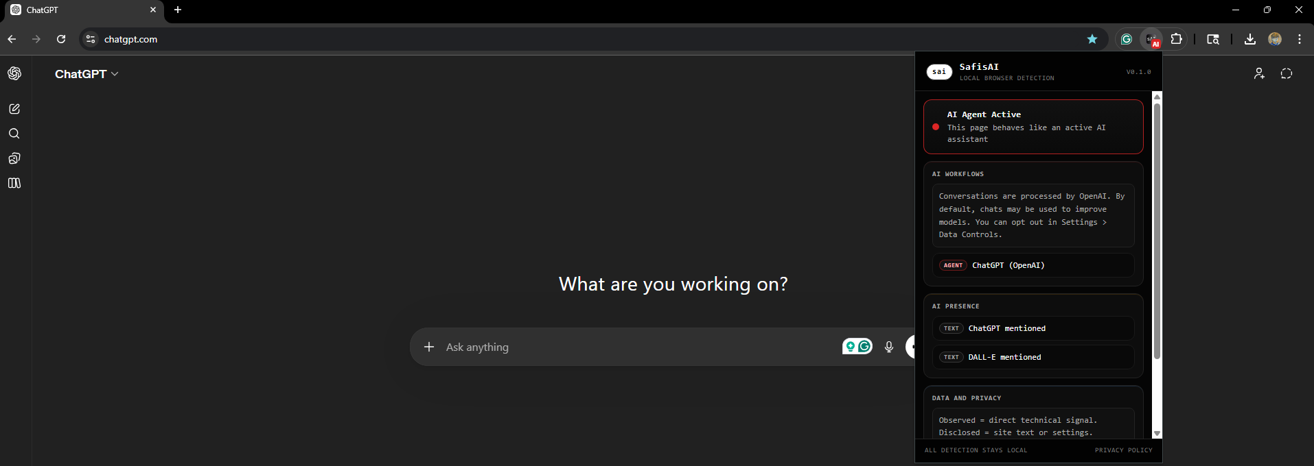 SafisAI popup showing workflow, presence, images, and privacy findings